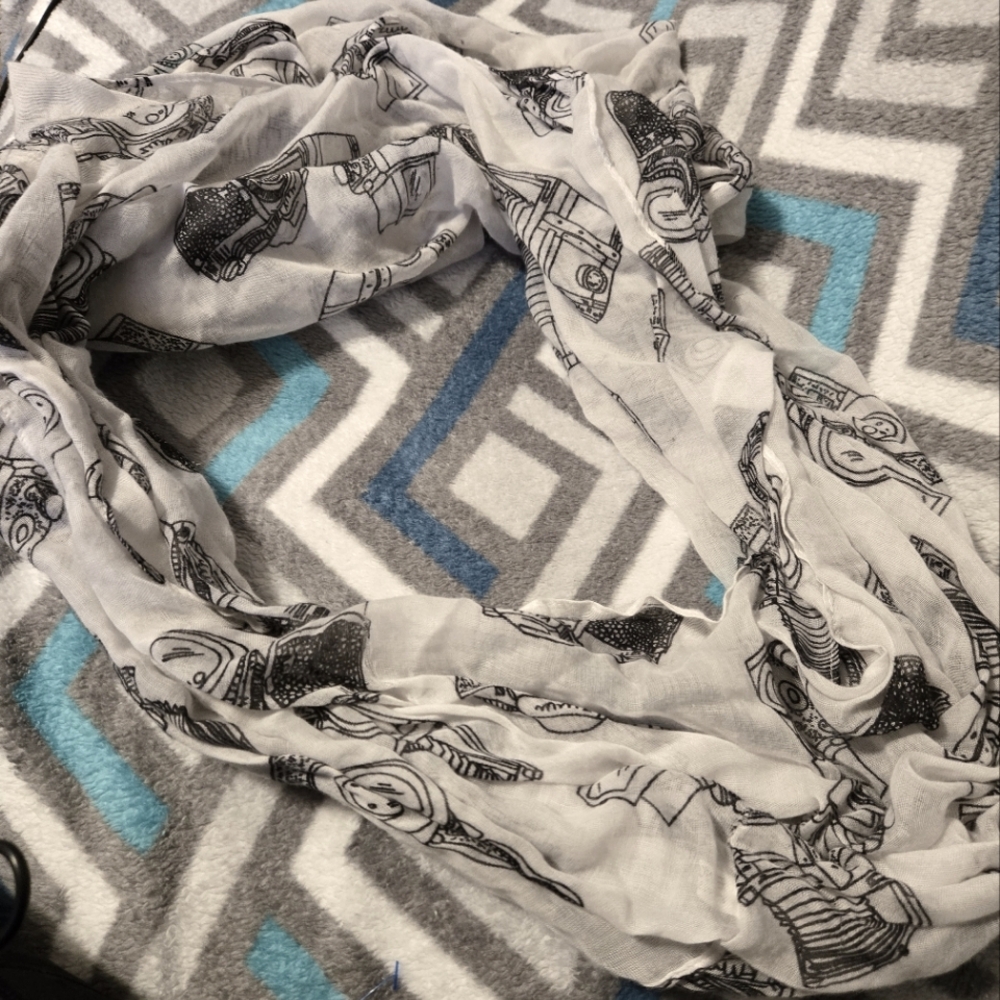 Chic White and Black Patterned Scarf with cameras
